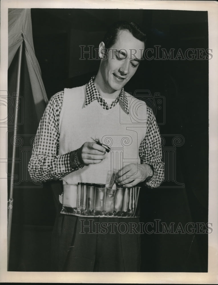 Press Photo Man Wearing an Angler&#39;s Valet, Waterproof Tackle Belt-Historic Images
