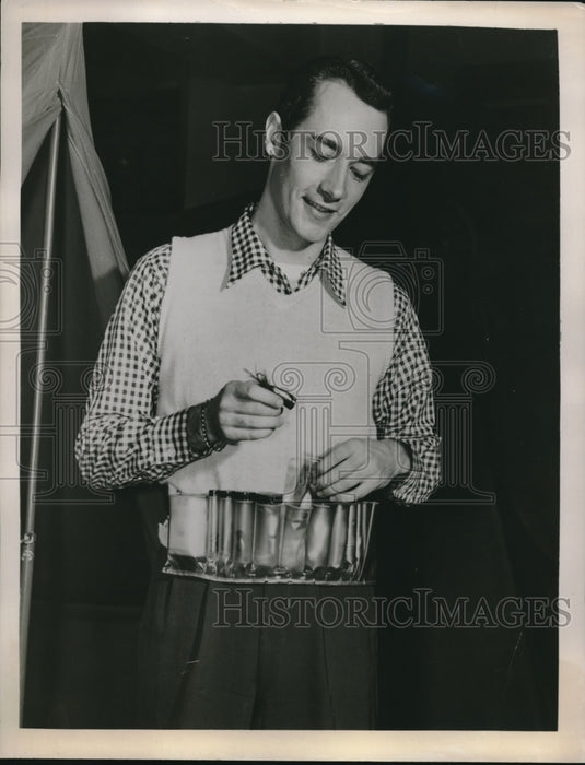 Press Photo Man Wearing an Angler's Valet, Waterproof Tackle Belt-Historic Images