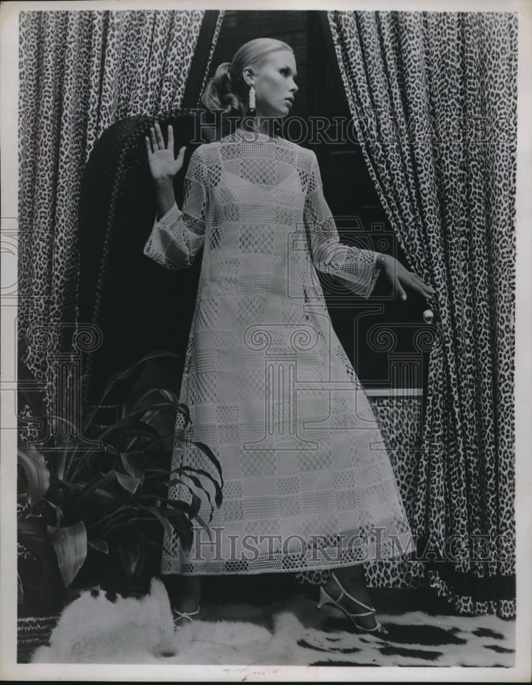 19656 Model Wears White Strapped Dress with Patterned Overlay - Historic Images