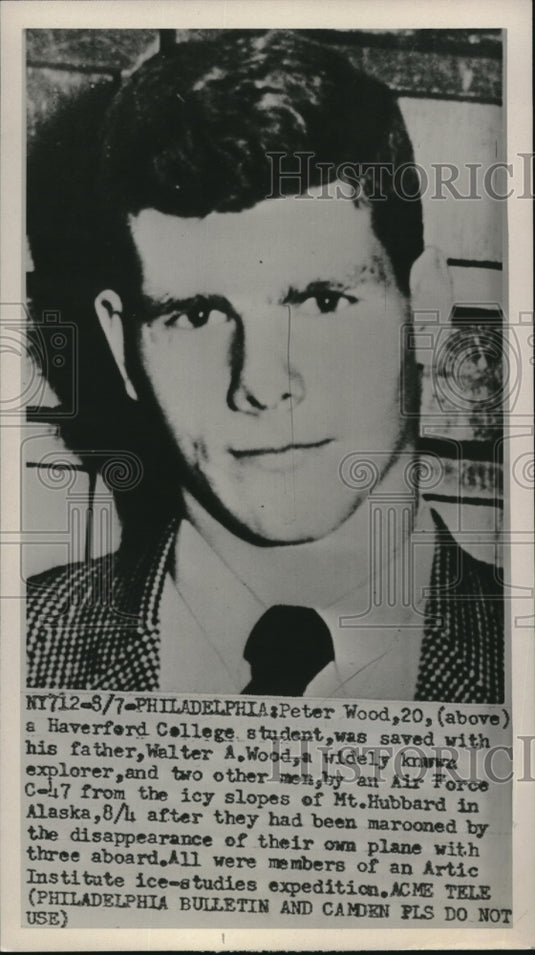 Press Photo Peter Wood of Haverford College Was Saved on Slopes of Mt. Hubbard - Historic Images