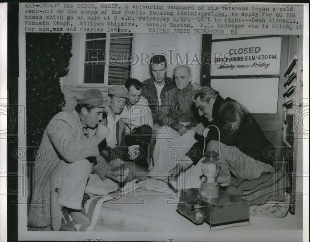 1955 Six Vets Camp on Steps Public Housing Administration San Diego - Historic Images