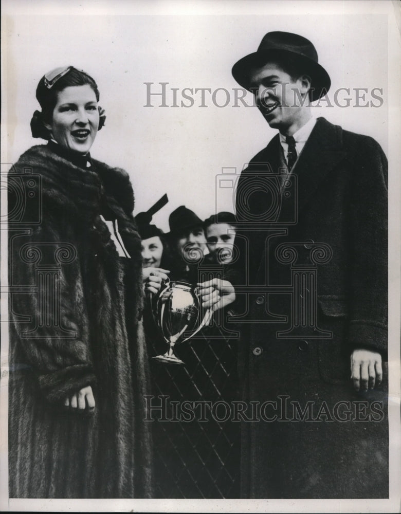 1937 Press Photo Betty West Wins Horse Race Awarded Cup from Alfred Vanderbilt - Historic Images