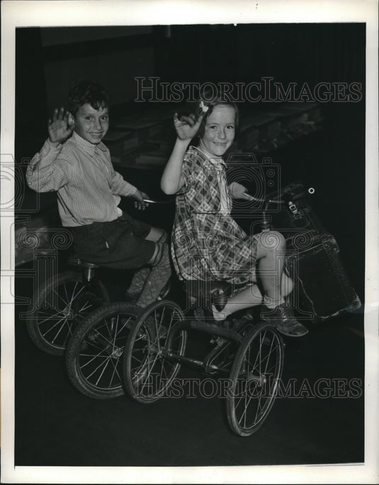 1941 Janet Every Age 7 & Irmand Mascato Age 10 Riding Tricycles - Historic Images