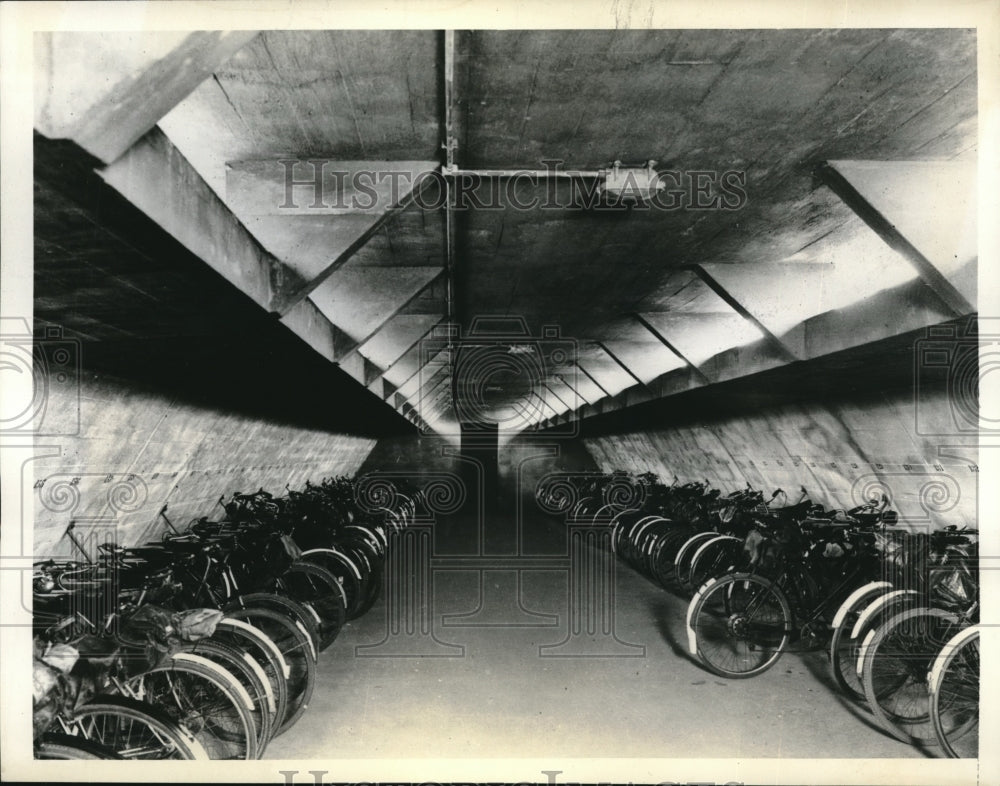 1938 London, England shelter for factory workers soring bikes-Historic Images