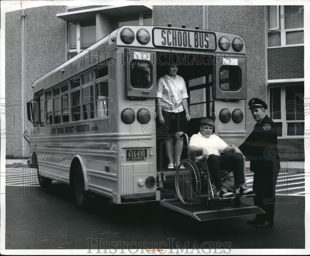 1970 The Wheelchair wagon school bus in demonstration in New York - Historic Images