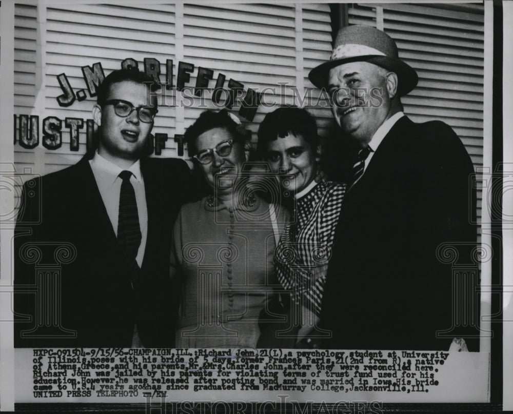 1956 Press Photo Richard John poses w/ his bride Frances Paris reunited-Historic Images