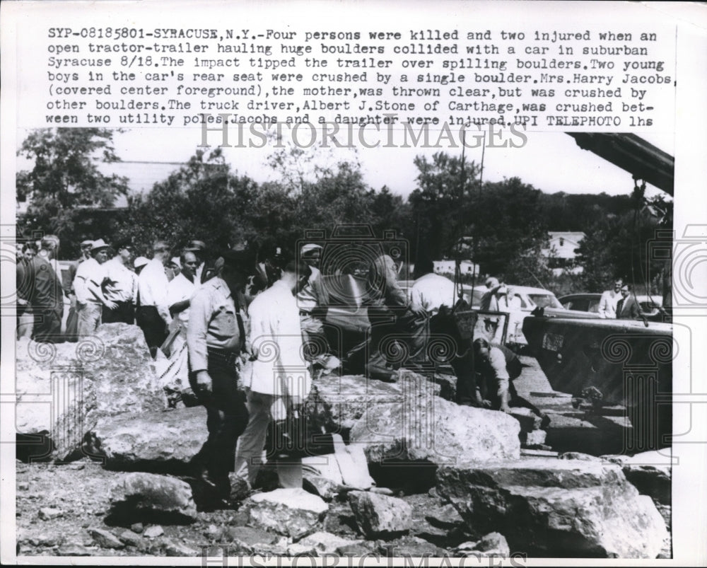 1958 Press Photo Police officers at the scene of a tractor trailer &amp; car crash-Historic Images