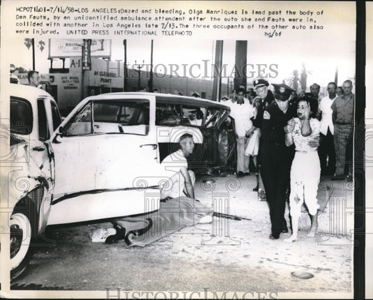 1958 Press Photo Olga Manriquez is lead past the body of Dan Fauts after acciden-Historic Images