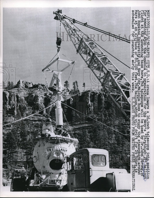 1958 Rapid City, S.D. crane & telescope for Navy Stratolab - Historic Images