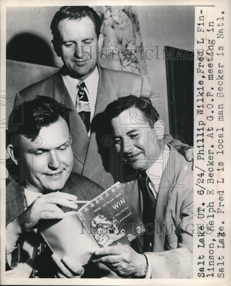 1949 Press Photo Phillip Wilkie, Fred Finlinson, Ralph Baker at GOP Meeting-Historic Images