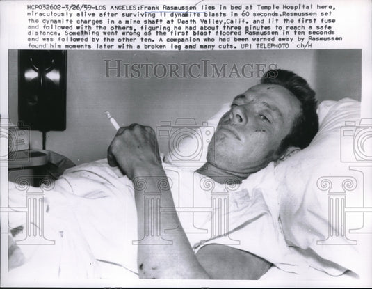 1959 Press Photo Frank Rasmussen Survives 11 Dynamite Blasts in Mine Shaft-Historic Images