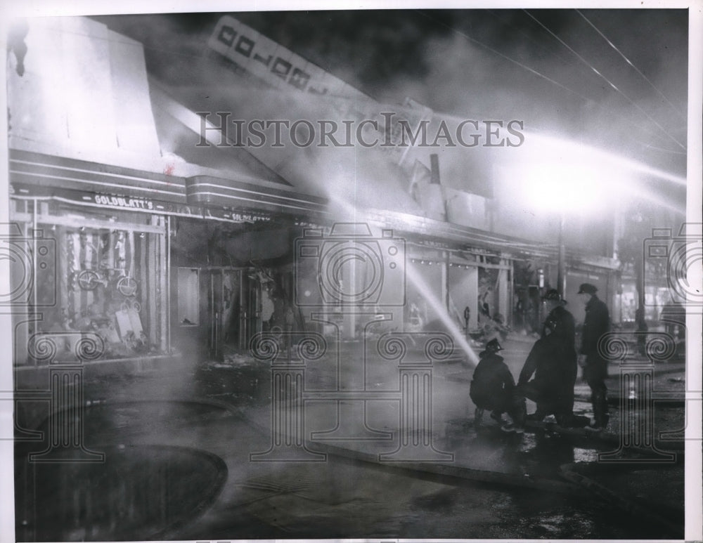 1956 Press Photo Firemen pouring water at the burning Goldblatt&#39;s Dept Store-Historic Images