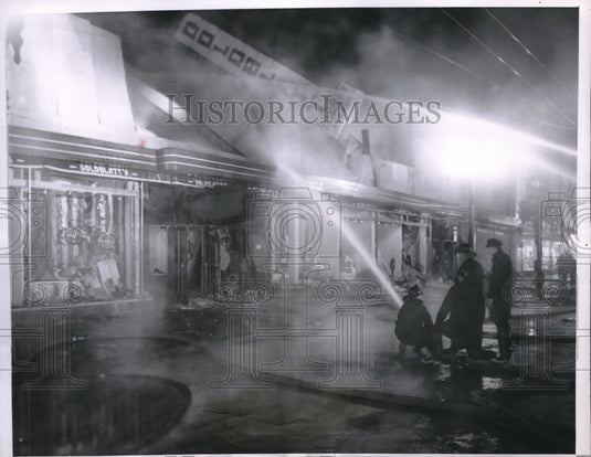 1956 Press Photo Firemen pouring water at the burning Goldblatt's Dept Store-Historic Images