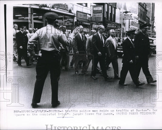 1956 Press Photo Boston Traffic Policeman Directs Foot Traffic - Historic Images