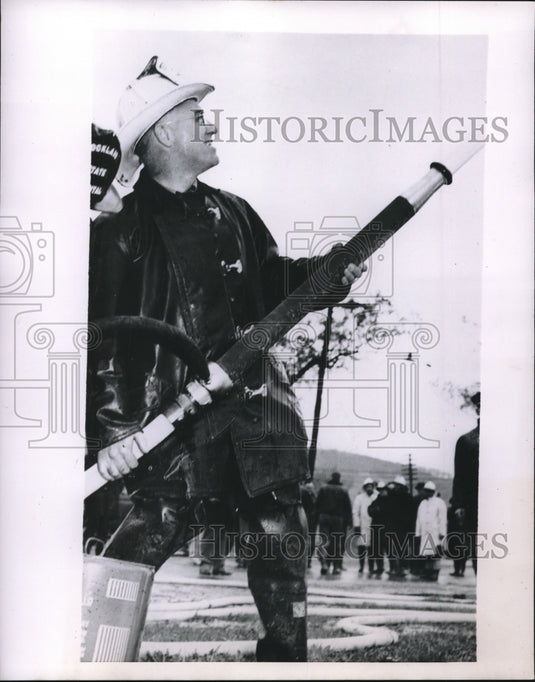 Press Photo Rev John L. Brown, Baptist minister in fireman's gear - neb90356 - Historic Images