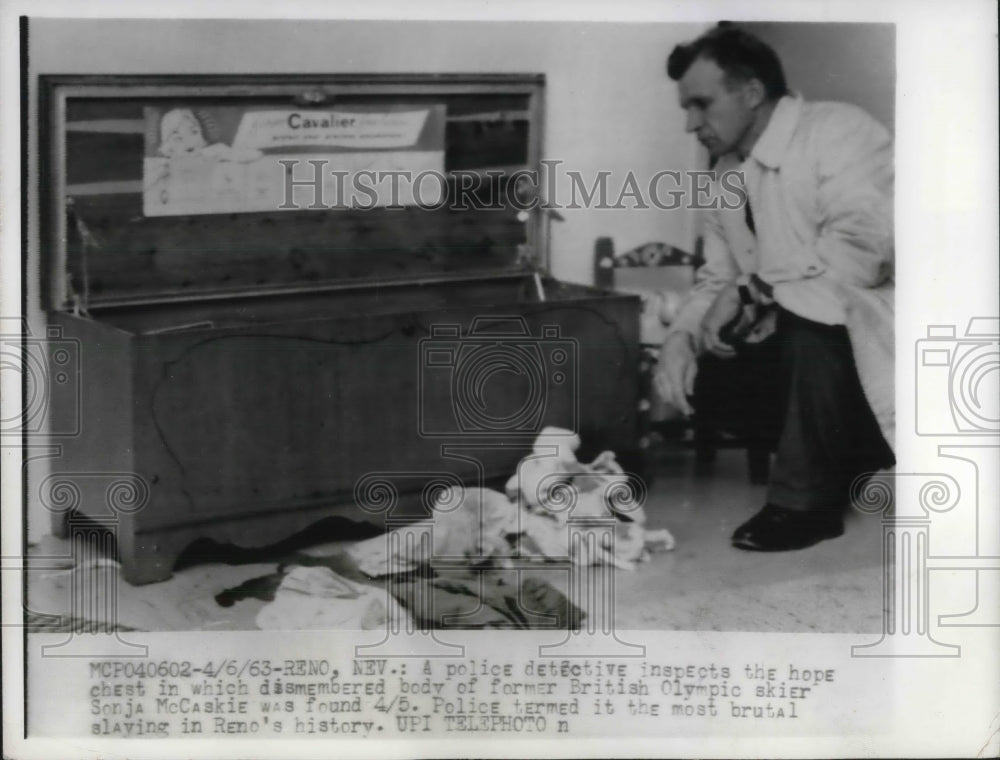 1963 Police Detective Inspects body of Olympic Skier Sonja mcCaskie - Historic Images