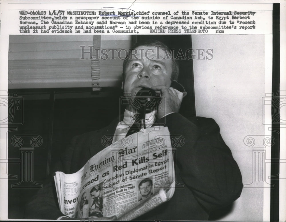 1957 Press Photo Wash.D.C. Robert Morris, Senate Int Security Comm. - Historic Images