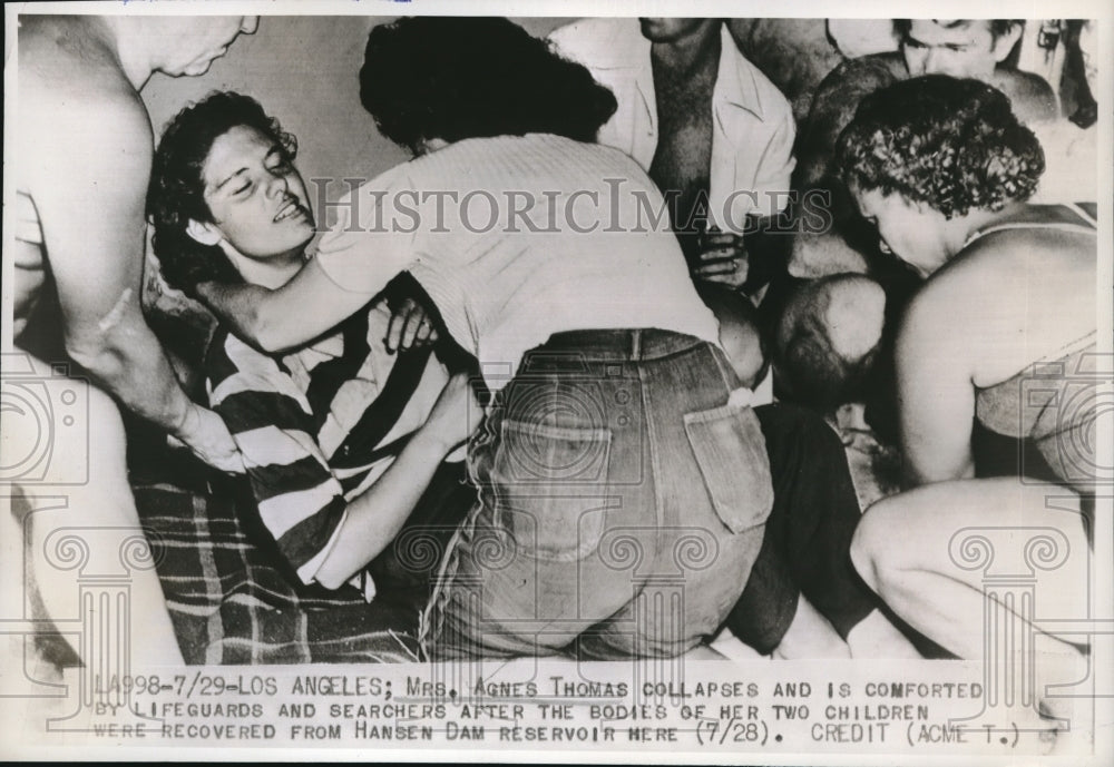 1947 Press Photo Mrs. Agnes Thomas Collapses After Bodies of Children Found - Historic Images