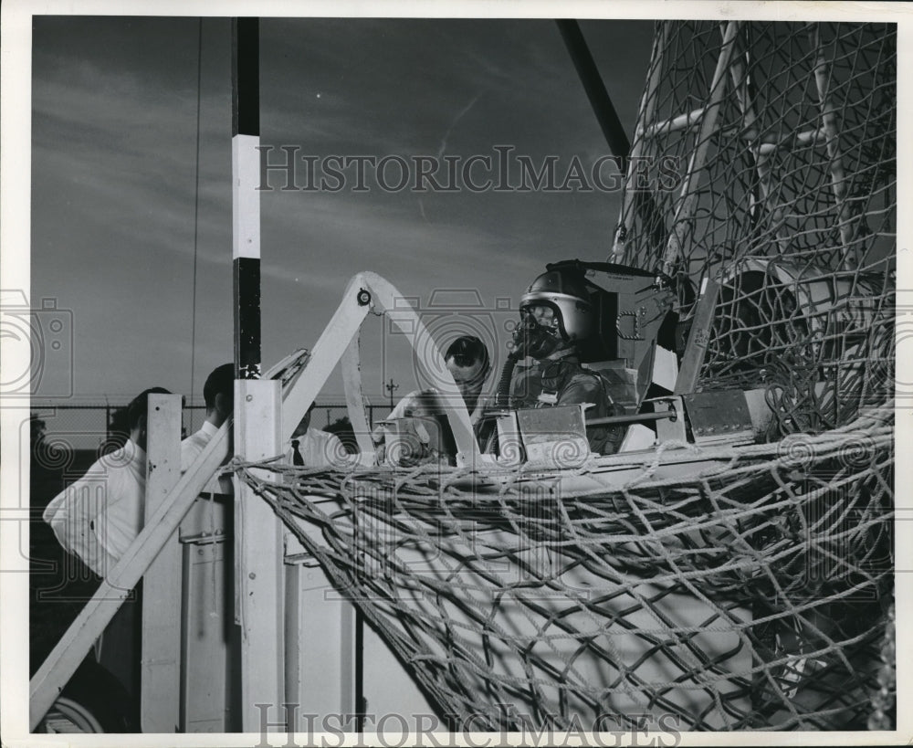 1957 Press Photo Men Setting a Plane Ejection Seat Test - Historic Images