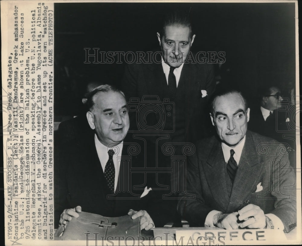 1947 Press Photo Greek Delegates Constantine Tsaldaris, Vassilli dendramus,-Historic Images