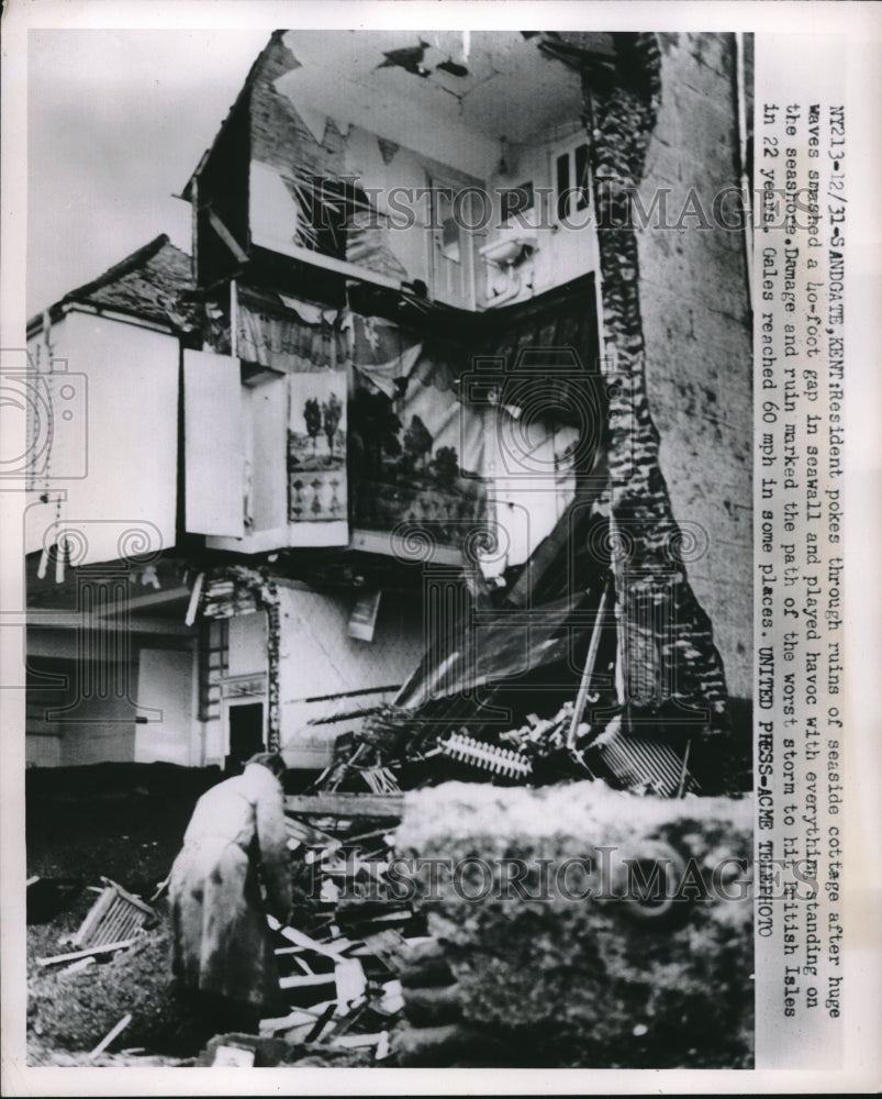 1952 Sandgate, Kent, England damage from waves at hole in seawall - Historic Images