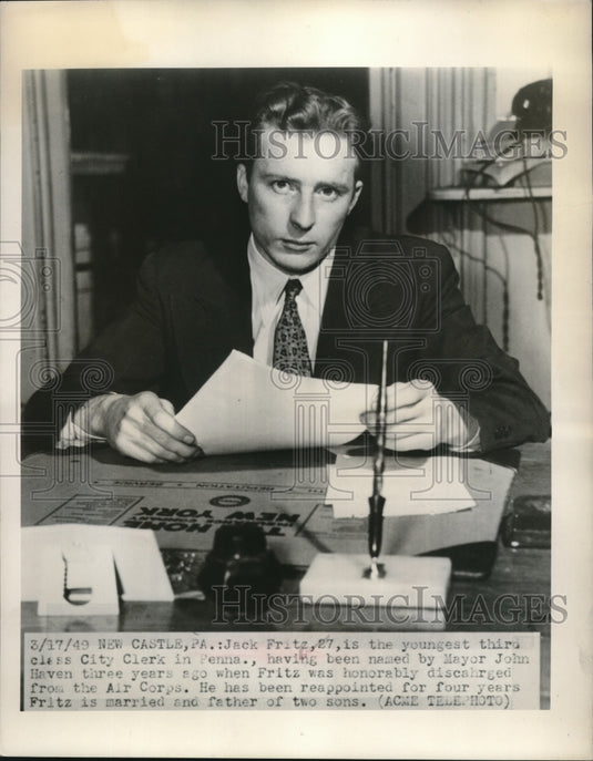 1949 Press Photo New Castle, PA Mayor Jack Fritz Youngest Ever In State - Historic Images