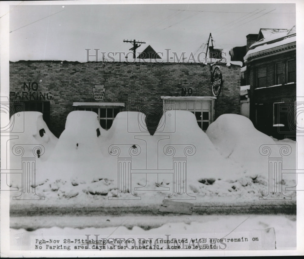 1950 Press Photo Parked Cars Covered in Snow in No Parking Area in Pittsburgh - Historic Images