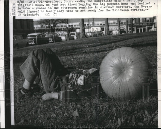1957 Press Photo Hartford, Conn. Joseph Trigile & his pumpkin in a park - Historic Images