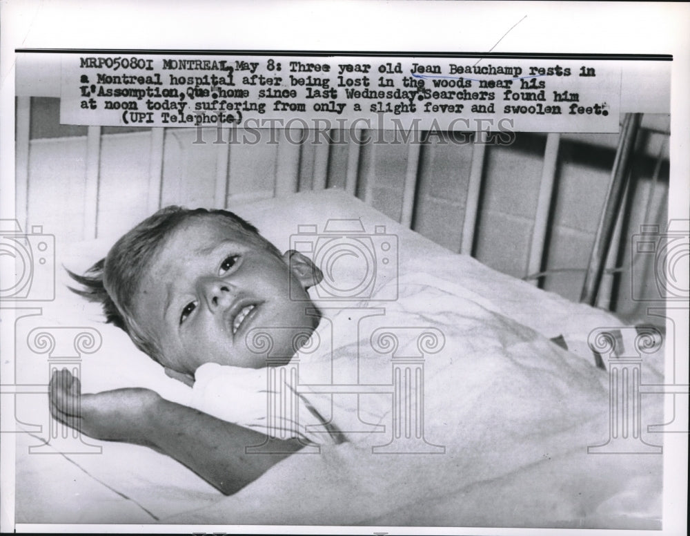 1960 Montreal Jean Beauchamp. age 3 in hospital, was lost in woods - Historic Images