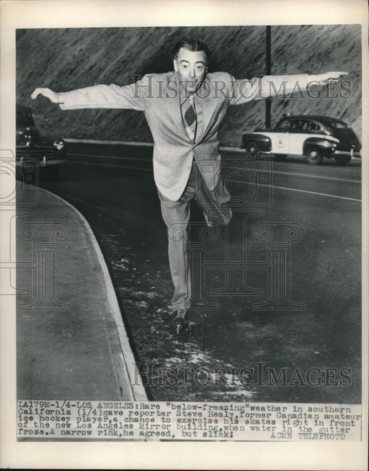1949 Press Photo Reporter Steve Healy Skates In Los Angeles - Historic Images