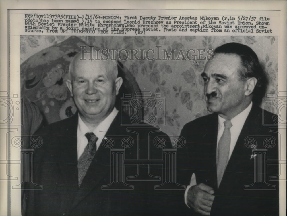 1964 Press Photo Soviet Mikoyan (with Krushchev )named successor to L. Breshnev-Historic Images