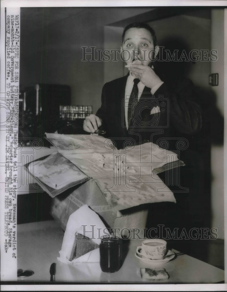 1934 Press Photo Reporter tasting government made butter in Washington - Historic Images