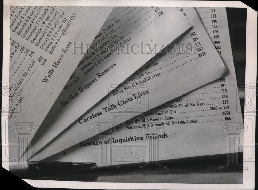 1941 Reminders Printed On Bottom Of Navy Department Phone Directory - Historic Images