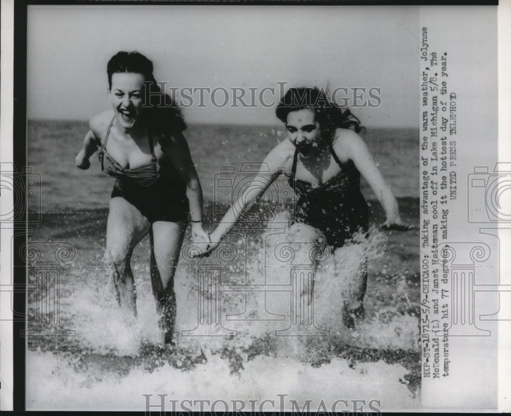 1953 Two women on the beach of Lake Michigan in Chicago Ill - Historic Images