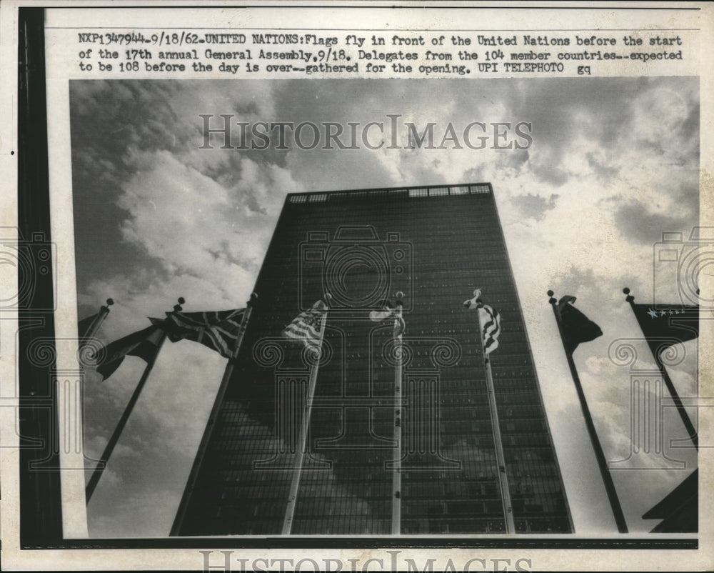 1962 Flags of many nations at UN bldg. in NY for 17th Gen. Assembly - Historic Images