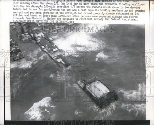 1962 Aerial view of ships & piers swamped by high tides in NJ - Historic Images