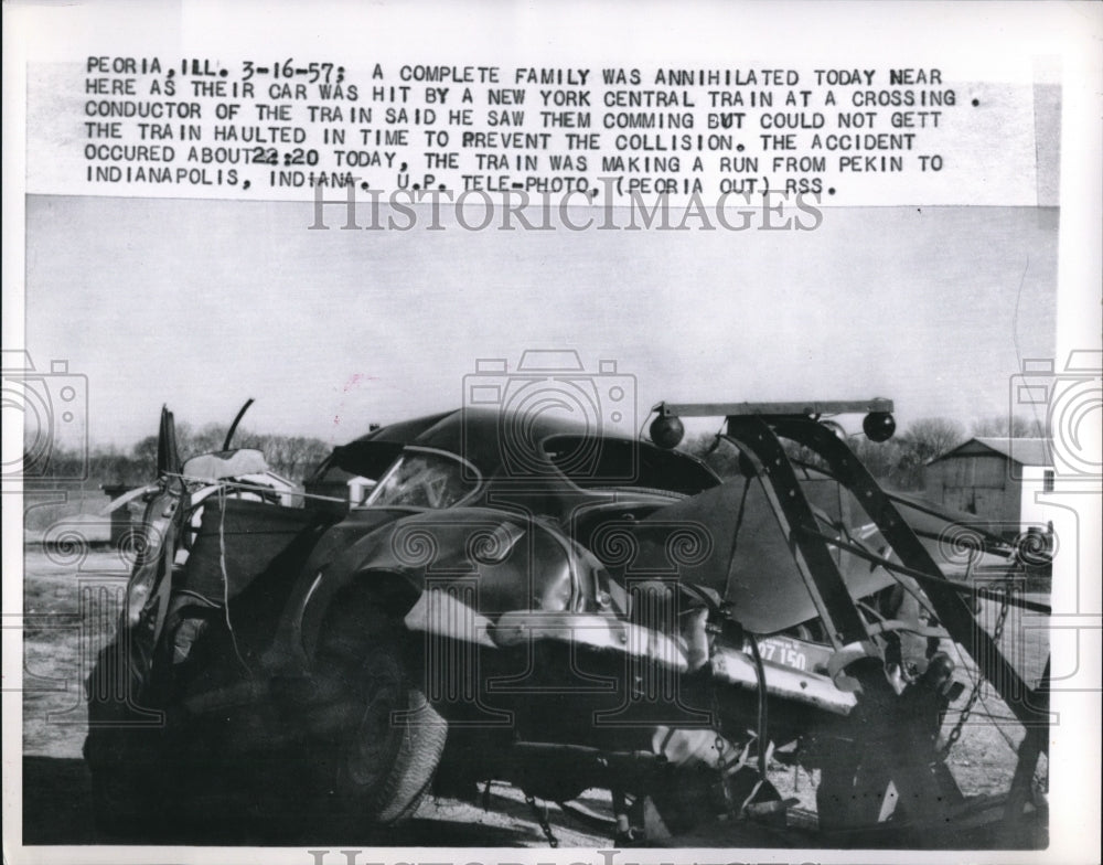 1957 Press Photo Train destroyed a family stuck in car on track - neb96889 - Historic Images