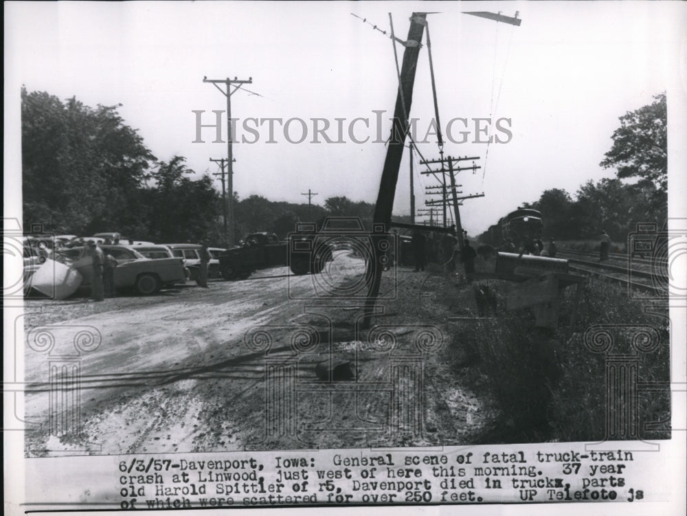 1957 Press Photo train crushes truck in Iowa .driver killed - Historic Images