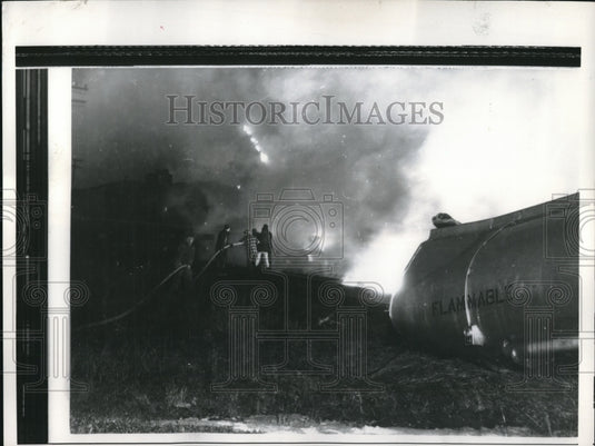 1957 Train collides with Fuel tanker .150 Wisconsin.fire fighters - Historic Images