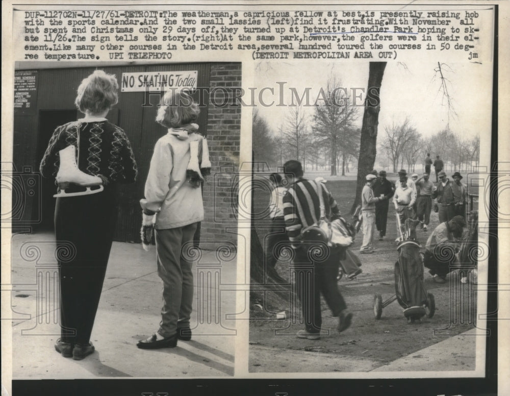 1961 Press Photo Two Girls Visit Chandler Park In Detroit Hoping To Ice Skate - Historic Images