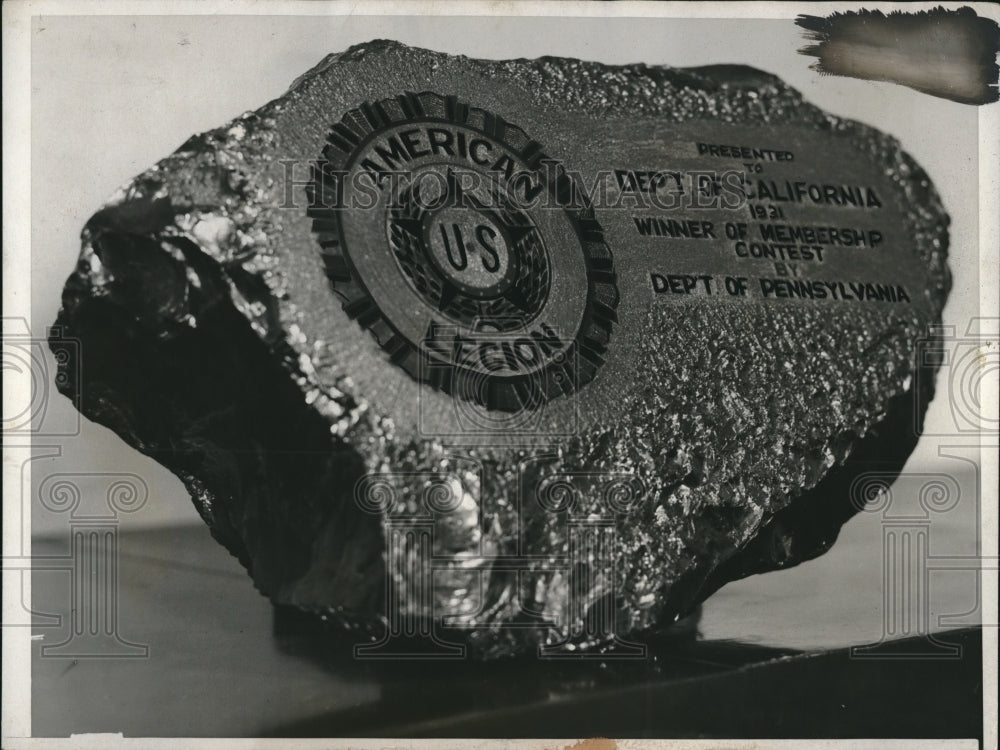 1931 Press Photo Coal Plaque Pays Of Pennsylvania American Legion Debt-Historic Images