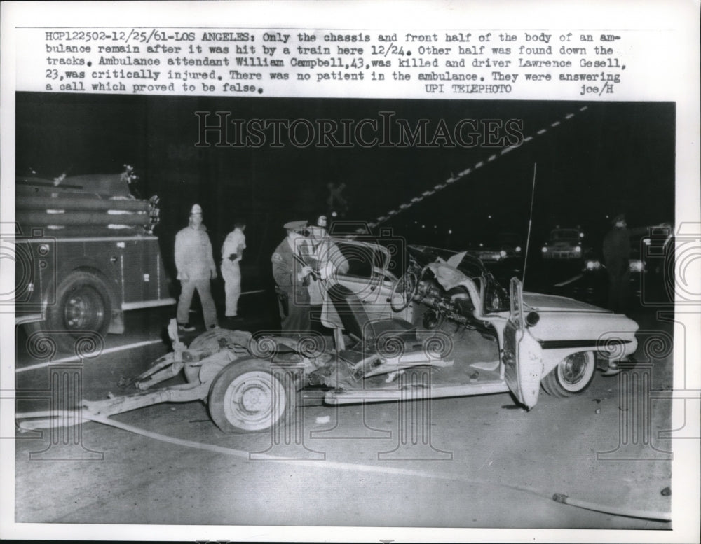 1961 Press Photo Ambulance After Crash With Train Killing Driver and Attendant - Historic Images