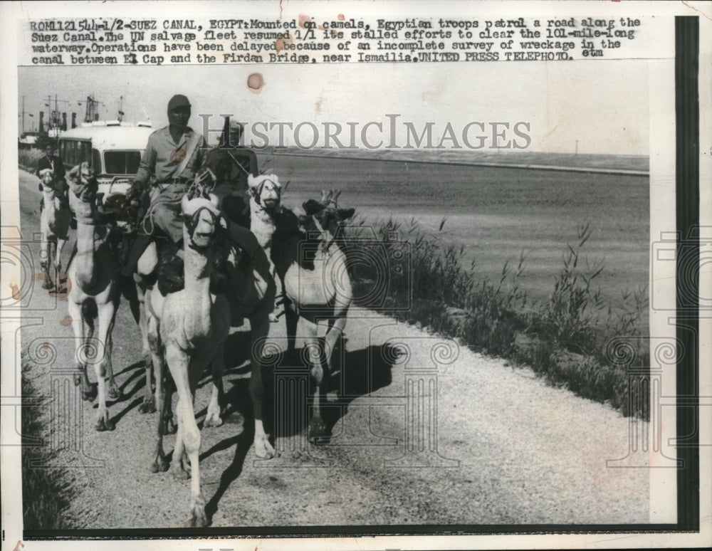 1957 Suez Canal zone of Egypt, troops patrol on camelback - Historic Images