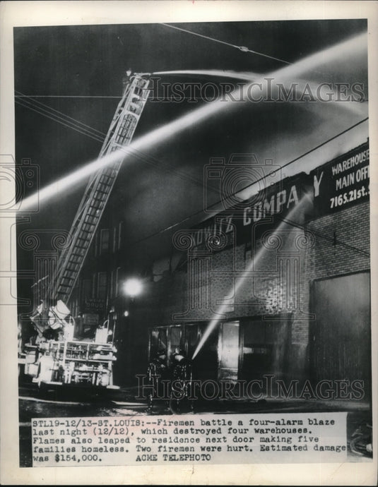 1948 Press Photo St Louis, Mo firemen battle 4 alarm blaze at warehouses - Historic Images