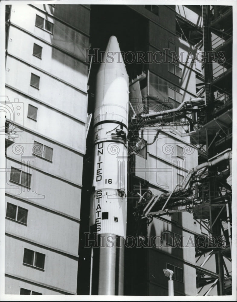 1968 Atlast rocket at Fla. Kennedy Space Center for launch - Historic Images