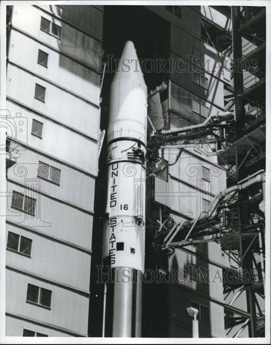 1968 Atlast rocket at Fla. Kennedy Space Center for launch - Historic Images
