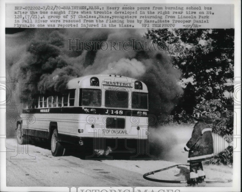 1970 Press Photo Smoke Pours From Burning School Bus From Chelsea, MA - Historic Images
