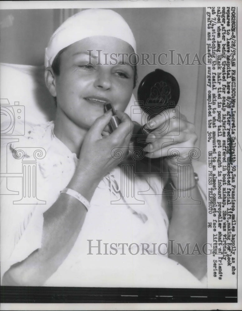 1957 Press Photo Lucretia Galbraith gets face lift after boat accident - Historic Images