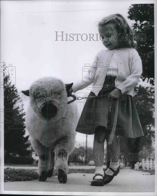 1956 Press Photo Christine Stacey, age 5 & her lamb at Valley Stream, NY - Historic Images