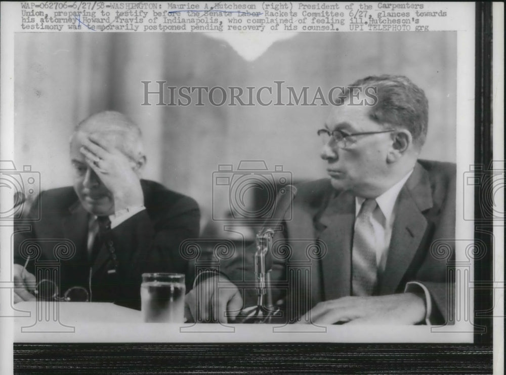 1958 Press Photo Carpenters Union Pres.Maurice Hutcheson with Atty.Howard Travis - Historic Images